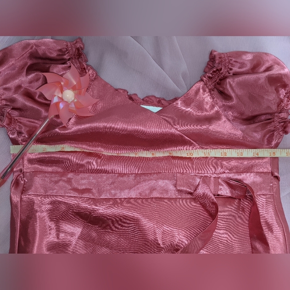 Satin pink puff sleeve gathered ruffle blouse surplice babydoll waist tie top - Picture 5 of 5
